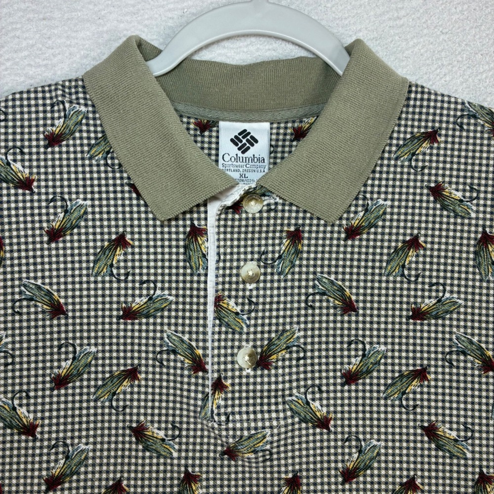 Vintage Columbia Fly Fishing Polo Shirt Men XL Green Cotton Gingham Vintage Y2K‎